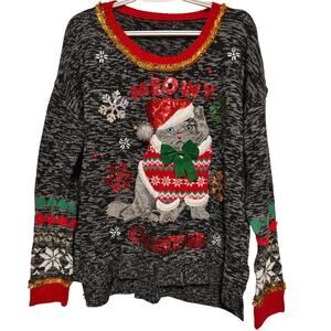 Women’s Black White Meowy Christmas Cat Pullover Sweater Snowflakes Size XL
